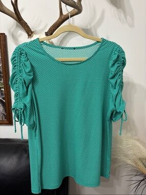 T.J.Maxx Green Polka Dot Ruched Sleeve Blouse